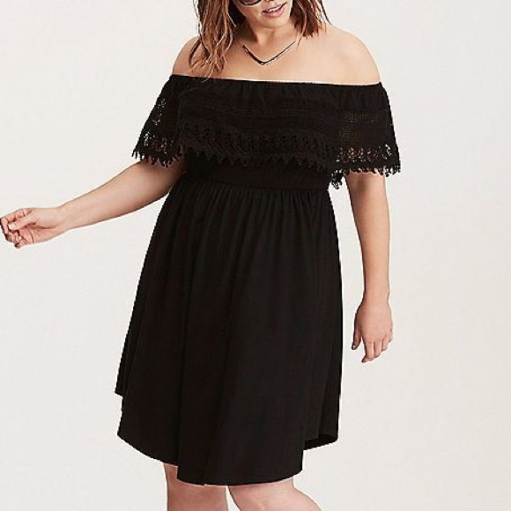 Torrid black Lace Trim Off Shoulder V-Hem Dress 2X